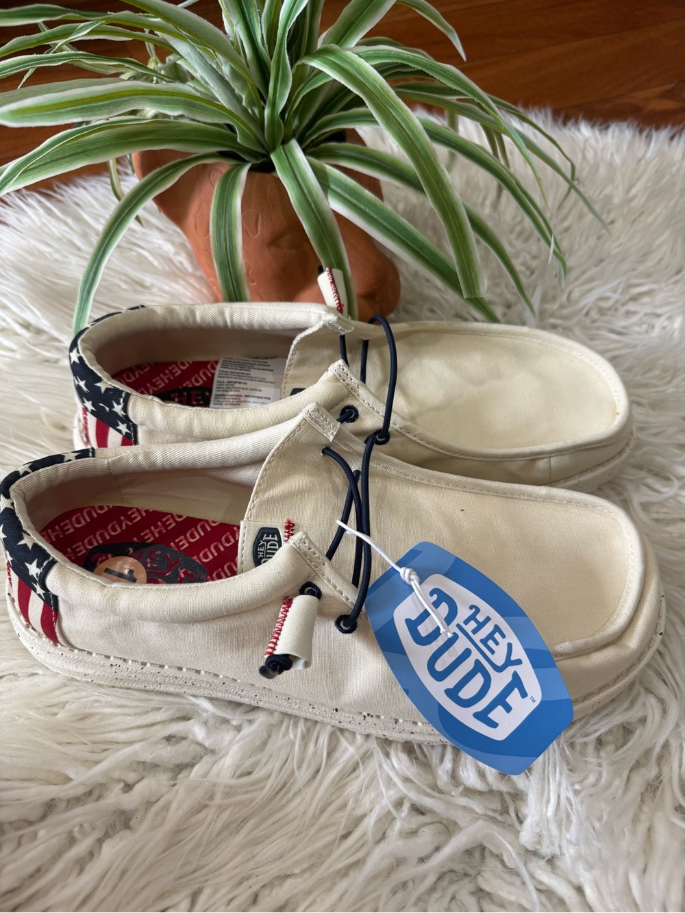 Men’s 🌿Hey Dude Slip-On Sneakers in Cream with Red & Blue Flag Accent